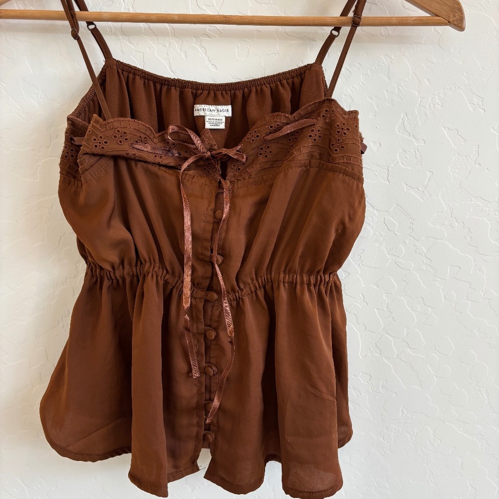 Y2K American Eagle Brown Babydoll Cami Top - Coquette Lace Peplum - Size XS